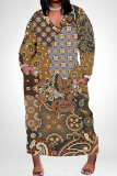 Orange National Totem Print V Neck Long Sleeve Pocket Casual Outing Plus Size Straight Loose Maxi Dress