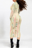 White Striped Print Colorblock Half A Turtleneck Long Sleeve Casual Outing Bodycon Maxi Dress