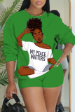 Red Sportwear Casual Girl Figure Print Round Neck Long Sleeve Sweatshirt and Shorts Two Pieces Sweatsuits Sets