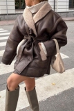 Dark Brown Casual PU Leather Wool With Belt Turndown Collar Long Sleeve Fall Winter Outerwear Coats