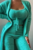 Dark Blue Loungewear Double Sided Fleece Cami Tops Long Sleeve Cardigans and Pants Fall Winter Three Pieces Pajama Sets