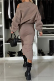Black Casual Round Neck Long Lantern Batwing Sleeve Sweatshirts and Slit Vest Dress Fall Winter Two Pieces Sets