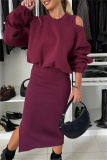 Black Casual Round Neck Long Lantern Batwing Sleeve Sweatshirts and Slit Vest Dress Fall Winter Two Pieces Sets