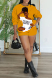 Red Sportwear Casual Girl Figure Print Round Neck Long Sleeve Sweatshirt and Shorts Two Pieces Sweatsuits Sets