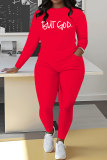 Orange Sportwear Casual Letter Print Round Neck Long Sleeve Sweatshirt and Sweatpants Fall Winter Two Pieces Sweatsuits Sets