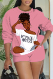 Red Sportwear Casual Girl Figure Print Round Neck Long Sleeve Sweatshirt and Shorts Two Pieces Sweatsuits Sets