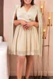 Champagne V Neck with Wrap Front Cape Sleeve A Line Evening Party Shimmer Metallic Midi Dress