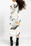 White Striped Print Colorblock Half A Turtleneck Long Sleeve Casual Outing Bodycon Maxi Dress