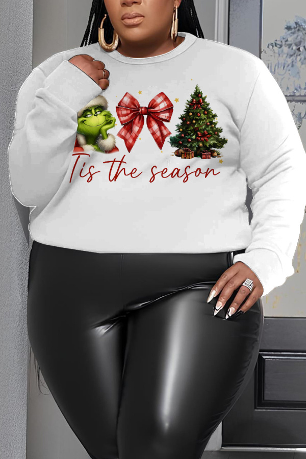 Blue Christmas Outfit O Neck Long Sleeve Casual Outing Plush Sweatshirt Womens Plus Size Tops