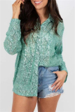 Apricot Loose Casual Sequins Turndown Collar Long Sleeve Shirts Tops