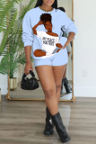 Red Sportwear Casual Girl Figure Print Round Neck Long Sleeve Sweatshirt and Shorts Two Pieces Sweatsuits Sets