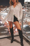 Apricot Loose Casual Sequins Turndown Collar Long Sleeve Shirts Tops