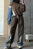 Blue Sportwear Casual Contrast Striped Round Neck Long Sleeve Sweatshirt and Wide Leg Sweatpants Fall Winter Two Pieces Sweatsuits Sets
