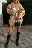 Dark Brown Casual PU Leather Wool With Belt Turndown Collar Long Sleeve Fall Winter Outerwear Coats