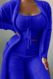 Dark Blue Loungewear Double Sided Fleece Cami Tops Long Sleeve Cardigans and Pants Fall Winter Three Pieces Pajama Sets