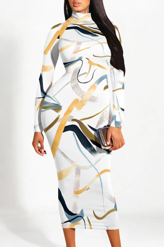 White Striped Print Colorblock Half A Turtleneck Long Sleeve Casual Outing Bodycon Maxi Dress