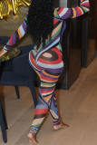 Multicolor Gauze Geometric Pattern Print Turtleneck Long Sleeve Skinny Jumpsuits
