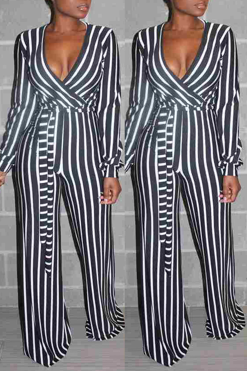Striped Print V-Neck Lace-Up Casual Wide-Leg Jumpsuit