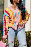 Pink Casual Stripe Buttons Long Sleeve Fall Winter Knitted Sweater Cardigans Outerwear Coats