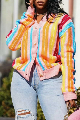 Pink Casual Stripe Buttons Long Sleeve Fall Winter Knitted Sweater Cardigans Outerwear Coats