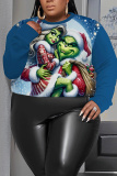 Blue Christmas Outfit O Neck Long Sleeve Casual Outing Plush Sweatshirt Womens Plus Size Tops