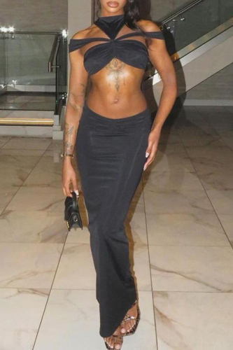 Black Chest-Baring Neck Off Shoulder Bold Cut-Outs Fitted Night Out Evening Bodycon Maxi Dress