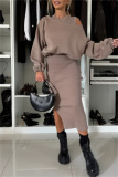 Black Casual Round Neck Long Lantern Batwing Sleeve Sweatshirts and Slit Vest Dress Fall Winter Two Pieces Sets