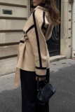 Dark Khaki Loose Casual Double-faced Woolen With Belt Contrast Fall Winter Outerwear Coats