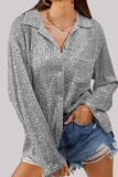 Apricot Loose Casual Sequins Turndown Collar Long Sleeve Shirts Tops