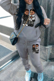 Grey Sportwear Casual Figure Letter Print Hooded Long Sleeve Sweatshirt and Sweatpants Fall Winter Two Pieces Sweatsuits Sets