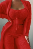 Dark Blue Loungewear Double Sided Fleece Cami Tops Long Sleeve Cardigans and Pants Fall Winter Three Pieces Pajama Sets