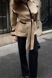 Dark Khaki Loose Casual Double-faced Woolen With Belt Contrast Fall Winter Outerwear Coats