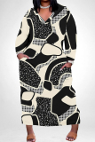 Orange National Totem Print V Neck Long Sleeve Pocket Casual Outing Plus Size Straight Loose Maxi Dress