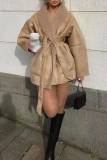 Dark Brown Casual PU Leather Wool With Belt Turndown Collar Long Sleeve Fall Winter Outerwear Coats