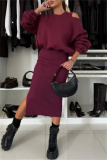 Black Casual Round Neck Long Lantern Batwing Sleeve Sweatshirts and Slit Vest Dress Fall Winter Two Pieces Sets