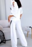 White Loose Striped Print Cut Out Oblique Collar Half Sleeve Sweatshirts and Pants Two Pieces Sweatsuits Sets