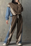 Blue Sportwear Casual Contrast Striped Round Neck Long Sleeve Sweatshirt and Wide Leg Sweatpants Fall Winter Two Pieces Sweatsuits Sets