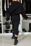 Black Casual Round Neck Long Lantern Batwing Sleeve Sweatshirts and Slit Vest Dress Fall Winter Two Pieces Sets