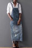 Light Blue Casual Sleeveless Backless Spaghetti Strap Maxi Pinafore with Pockets Distressed Ripped Denim Overall Dress