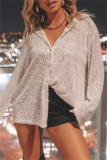 Apricot Loose Casual Sequins Turndown Collar Long Sleeve Shirts Tops