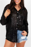 Apricot Loose Casual Sequins Turndown Collar Long Sleeve Shirts Tops