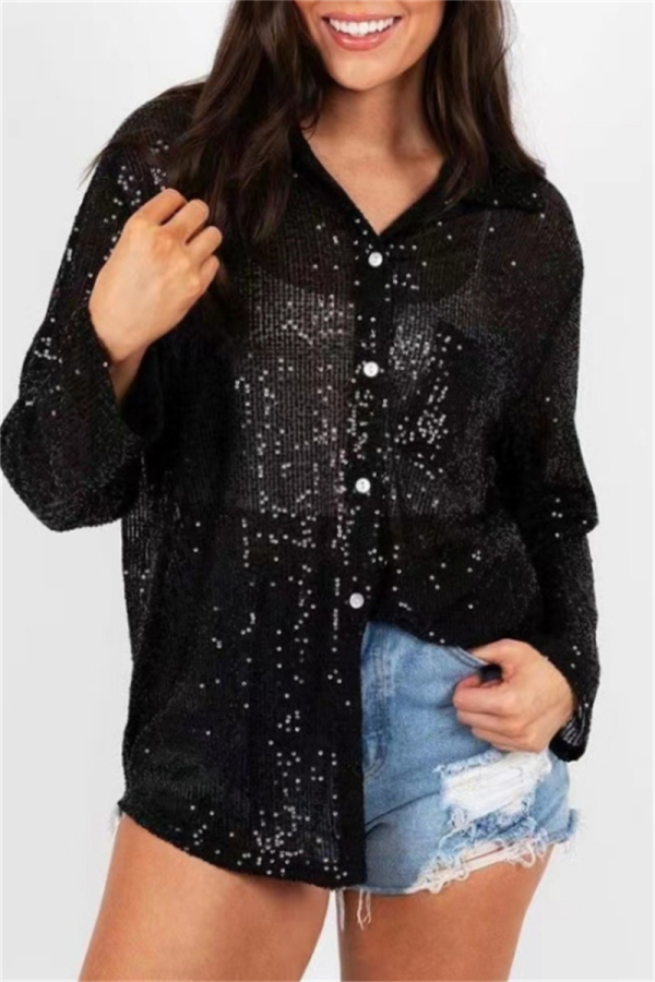 Apricot Loose Casual Sequins Turndown Collar Long Sleeve Shirts Tops