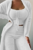 Dark Blue Loungewear Double Sided Fleece Cami Tops Long Sleeve Cardigans and Pants Fall Winter Three Pieces Pajama Sets