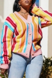 Pink Casual Stripe Buttons Long Sleeve Fall Winter Knitted Sweater Cardigans Outerwear Coats