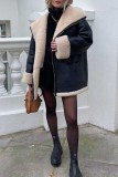 Black Leather Wool Casual Zipper Contrast Turndown Collar Long Sleeve Fall Winter Outerwear Coats
