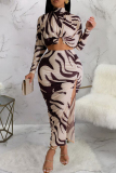 Grey Party Club Vacation Colorblock Abstract Print Half A Turtleneck Long Sleeve Tops and Slit Wrap Skirts Two Pieces Dress Sets