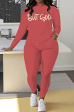 Orange Sportwear Casual Letter Print Round Neck Long Sleeve Sweatshirt and Sweatpants Fall Winter Two Pieces Sweatsuits Sets