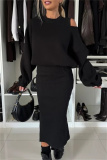 Black Casual Round Neck Long Lantern Batwing Sleeve Sweatshirts and Slit Vest Dress Fall Winter Two Pieces Sets