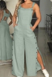 Black Vacation Casual Cut Out Buttons Backless Spaghetti Strap Slit Wide Leg Cami Jumpsuits