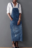 Light Blue Casual Sleeveless Backless Spaghetti Strap Maxi Pinafore with Pockets Distressed Ripped Denim Overall Dress